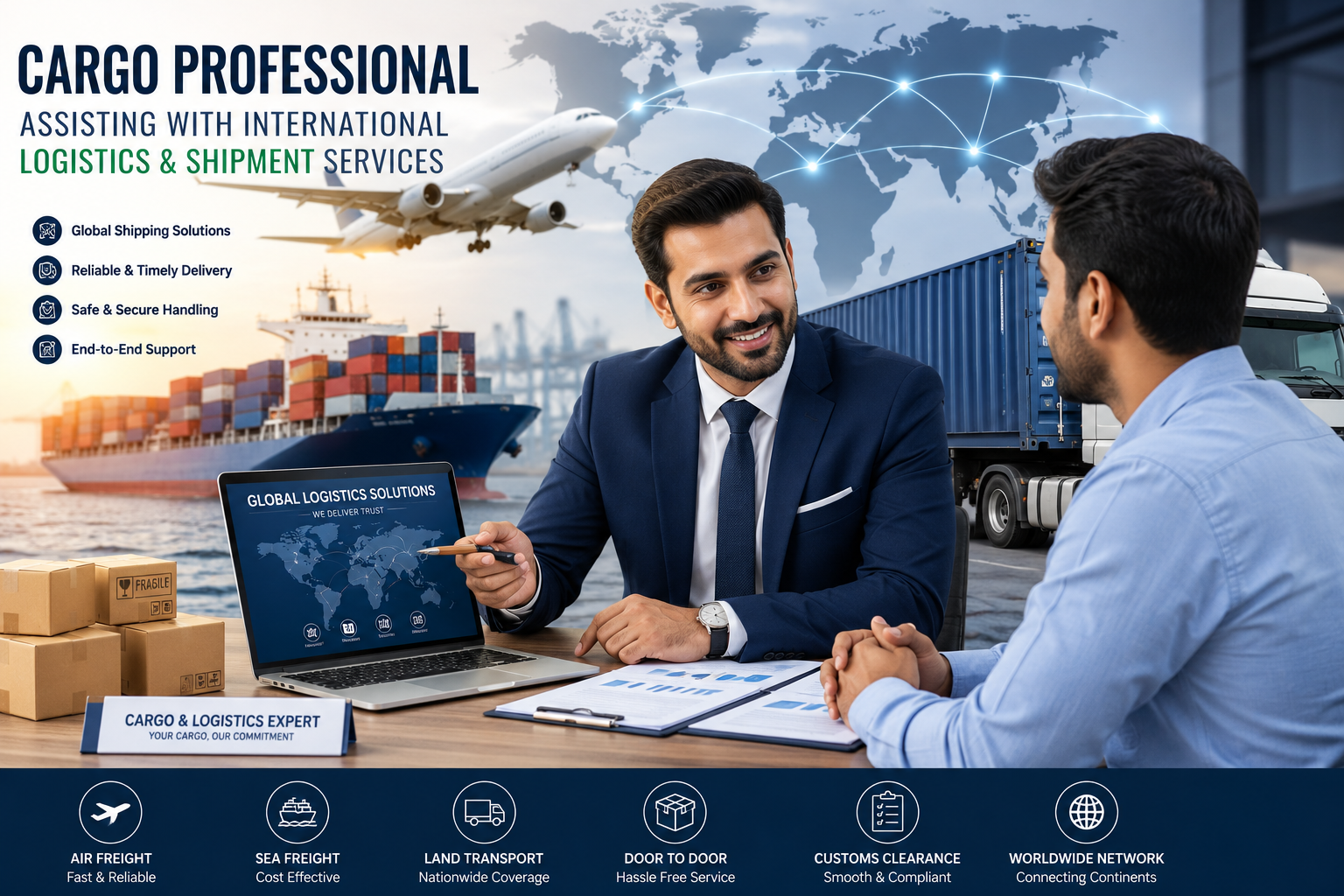 Cargo professional assisting with international logistics and shipment services